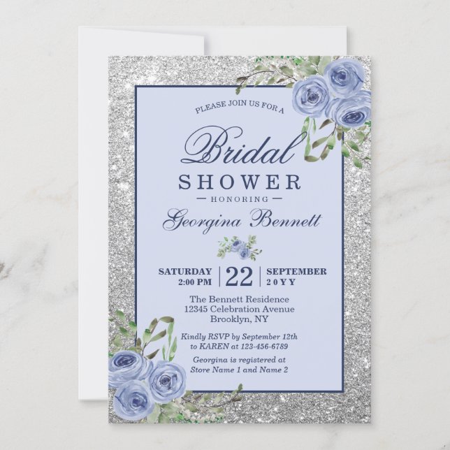 Floral Navy Blue Silver Sparkles Bridal Shower Invitation (Front)