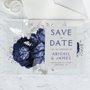 Floral Navy Blue Silver Wedding Save the Date