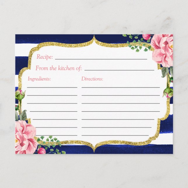 Floral Navy Blue Stripes Bridal Shower Recipe Card (Front)