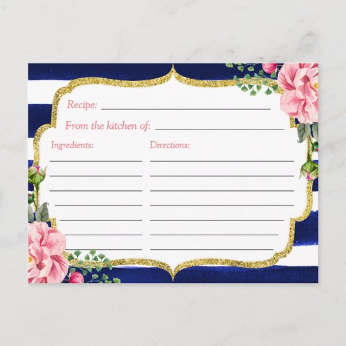 Floral Navy Blue Stripes Bridal Shower Recipe Card