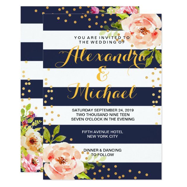 Floral Navy Blue Stripes & Gold Foil Dots Wedding Invitation