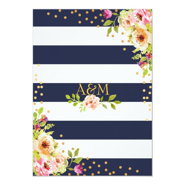 Floral Navy Blue Stripes & Gold Foil Dots Wedding Invitation