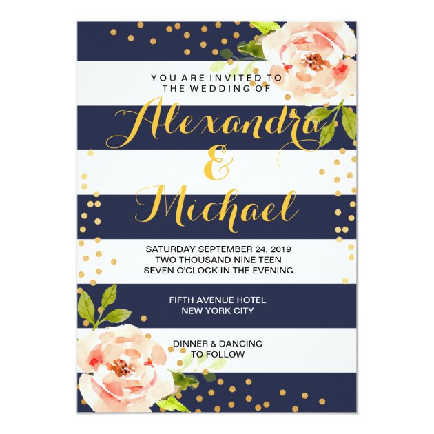 Floral Navy Blue Stripes & Gold Foil Dots Wedding Invitation