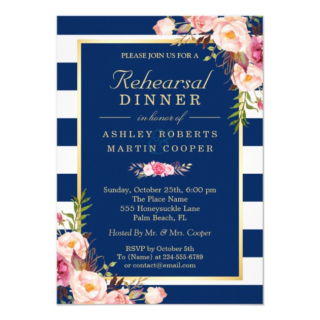 Floral Navy Blue Stripes Wedding Rehearsal Dinner Invitation