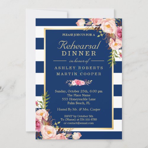 Floral Navy Blue Stripes Wedding Rehearsal Dinner Invitation