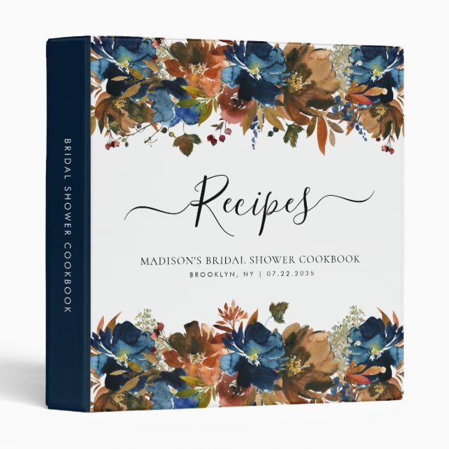 Floral Navy Blue Terracotta Bridal Shower Recipe 3 Ring Binder (Front/Spine)