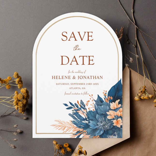 Floral Navy Blue Terracotta Garden Elegant Wedding Save The Date (Floral Navy Blue Terracotta Garden Elegant Wedding Save The Date)