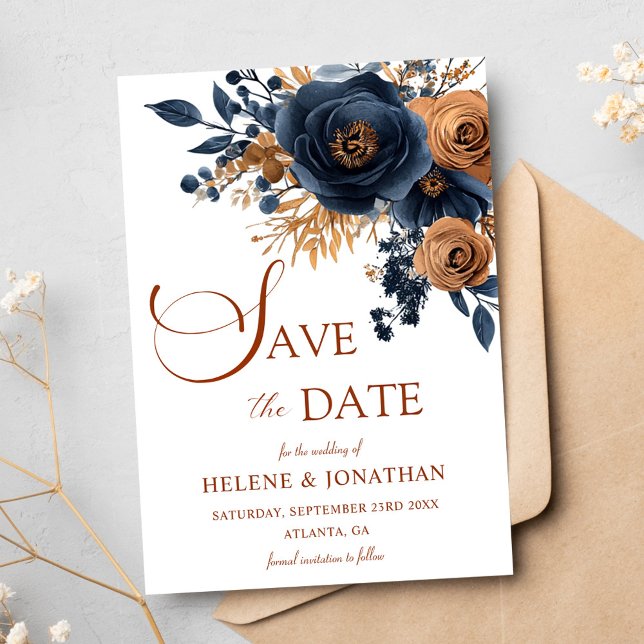 Floral Navy Blue Terracotta Garden Elegant Wedding Save The Date (Floral Navy Blue Terracotta Garden Elegant Wedding Save The Date)