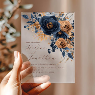 Floral Navy Blue Terracotta Rust Elegant Wedding Acrylic Invitations