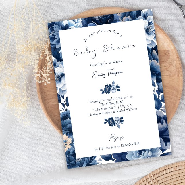 Floral Navy Blue Watercolor Flowers Baby Shower Invitation (Creator Uploaded)