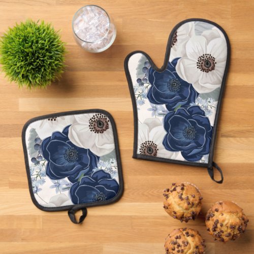 Floral Navy Blue Watercolor Oven Mitt  Pot Holder Set