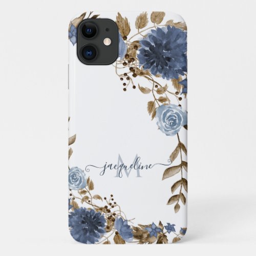 Floral Navy Blue Watercolor Script Typography Name iPhone 11 Case