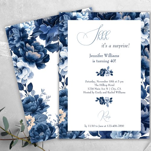 Floral Navy Blue Watercolor Shh Surprise Birthday Invitation