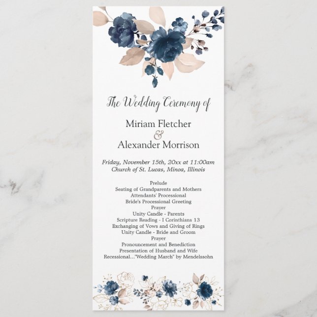 Floral navy blue watercolor Wedding Program (Front)