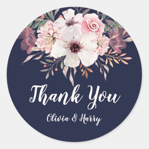 Floral Navy Blue Wedding Favor Round Sticker