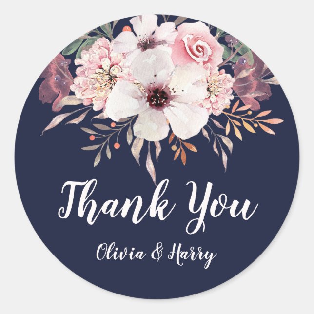 Floral Navy Blue Wedding Favor Round Sticker (Front)
