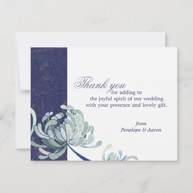 Floral Navy Blue Wedding Flat Thank You Card (Front)