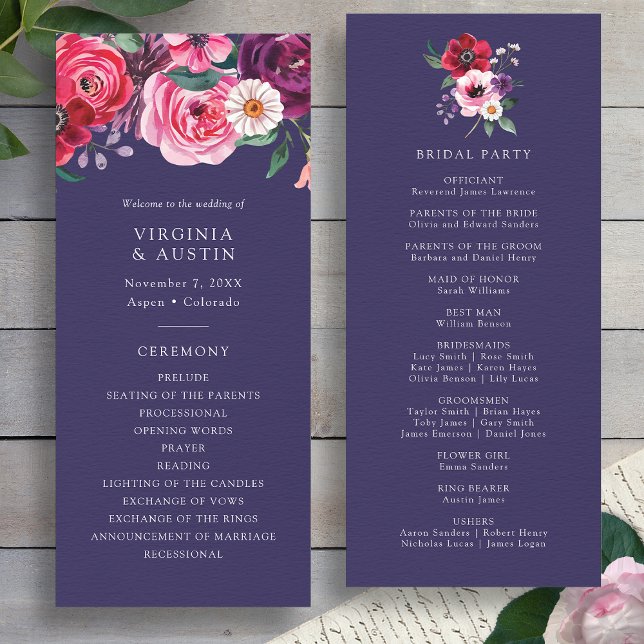 Floral Navy Blue Wedding Program (Watercolor Floral Navy Blue Wedding Program by Painted Paperie
)