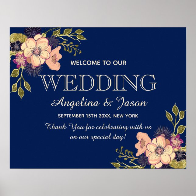 Floral Navy Blue Welcome Wedding Poster (Front)
