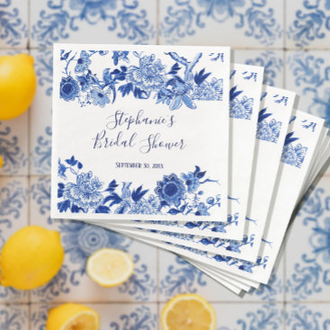 Floral Navy Blue White Chinoiserie Bridal Shower Paper Dinner Napkins