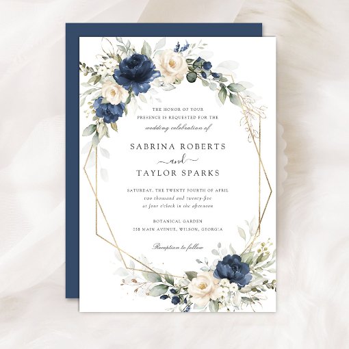 Floral Navy Blue White Greenery Gold Wedding Invitation | Zazzle