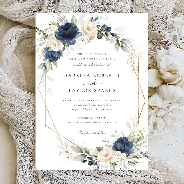 Floral Navy Blue White Greenery Gold Wedding Invitation | Zazzle