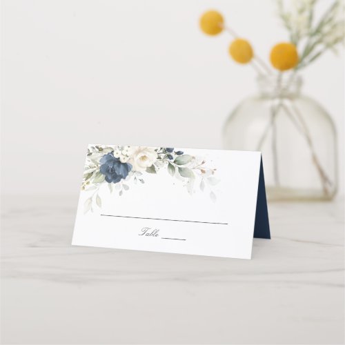 Floral Navy Blue White Greenery Wedding Place Card