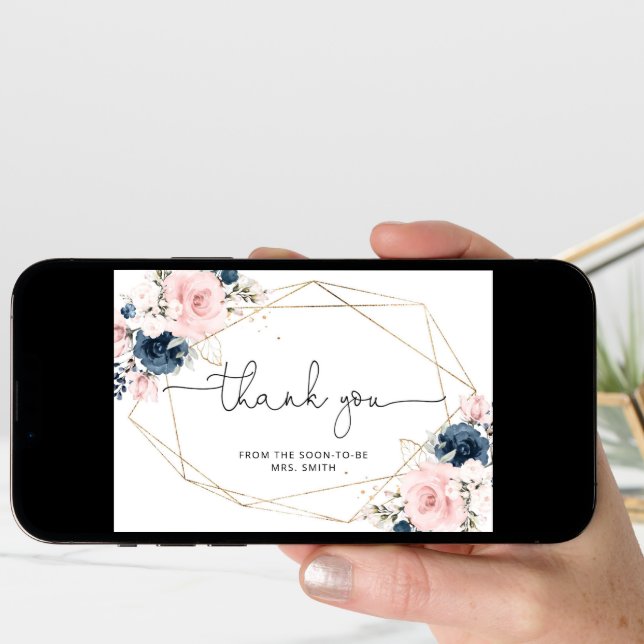 Floral navy blush geometric bridal thank you card (Front Digital)