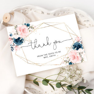 Floral navy blush geometric bridal thank you card