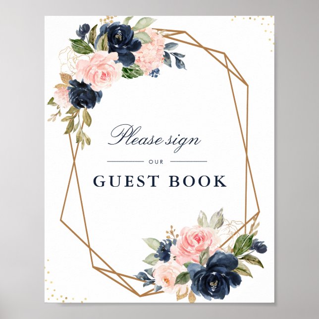 Floral Navy & blush guestbook wedding sign (Front)