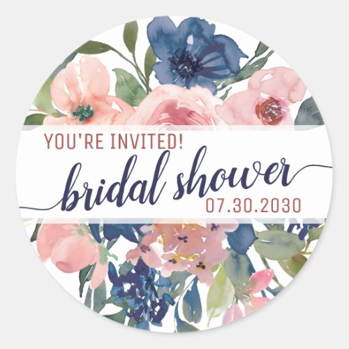 Floral Navy Blush Pink Youre Invited Bridal Shower Classic Round Sticker