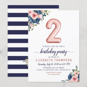 Floral Navy Blush Rose Gold Balloon 2nd Birthday Invitation