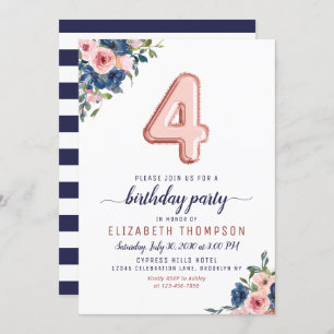 Floral Navy Blush Rose Gold Balloon 4th Birthday Invitation