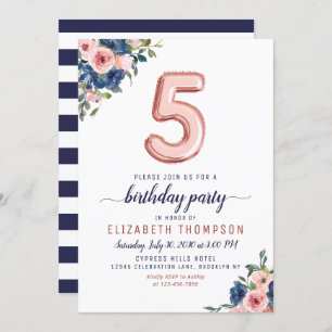 Floral Navy Blush Rose Gold Balloon 5th Birthday Invitation