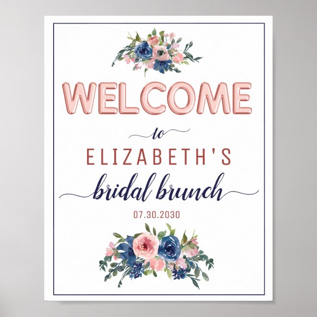 Floral Navy Blush Rose Gold Bridal Brunch Welcome Poster (Front)