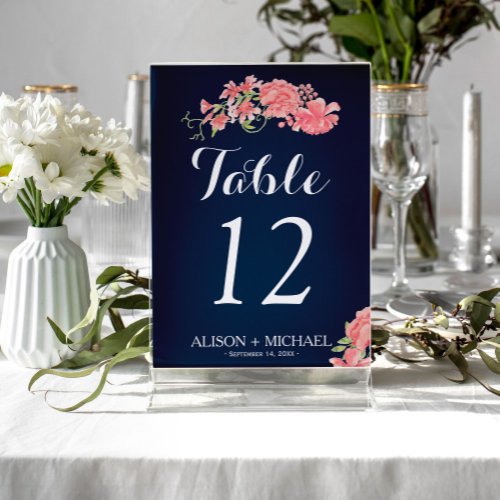 Floral navy blush script wedding guest table number
