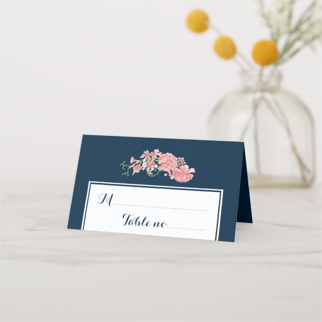 Floral navy blush script wedding table place place card (Front)