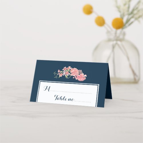 Floral navy blush script wedding table place place card