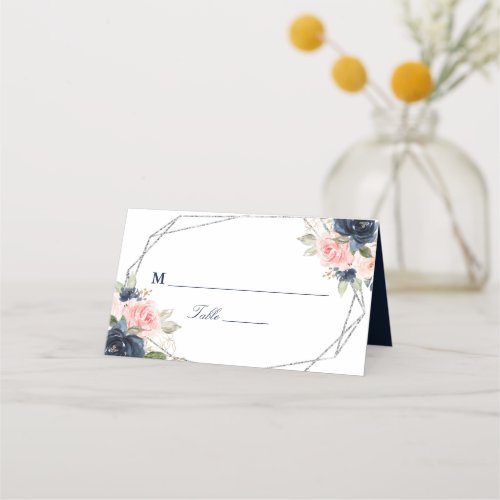 Floral Navy  blush silver geometric wedding Place Card