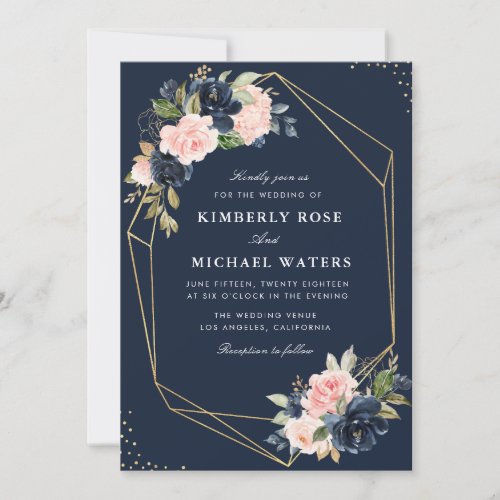 Floral Navy  blush watercolor geometric wedding Invitation