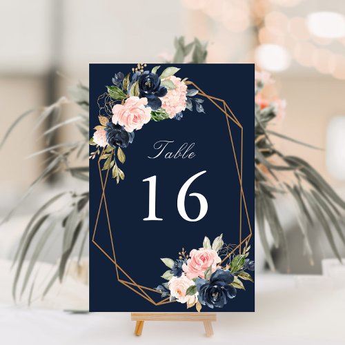 Floral Navy  blush watercolor geometric wedding Table Number