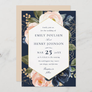 Floral navy & blush watercolor wedding invitation