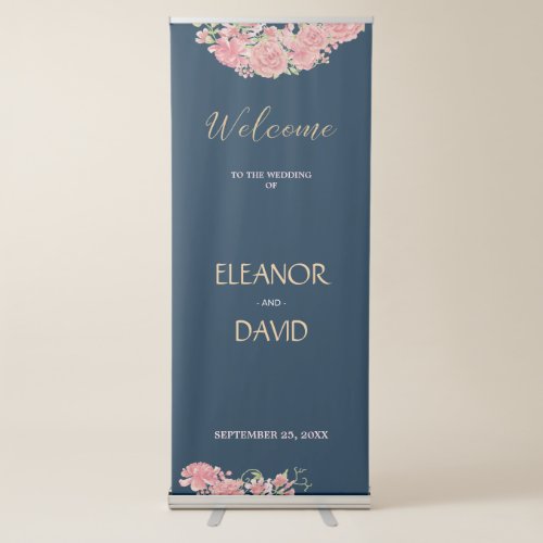 Floral navy blush welcome reception wedding script retractable banner