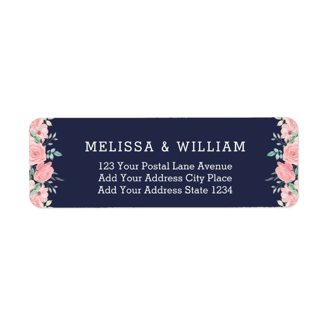 Floral Navy Bride Groom Wedding Return Address Label (Front)