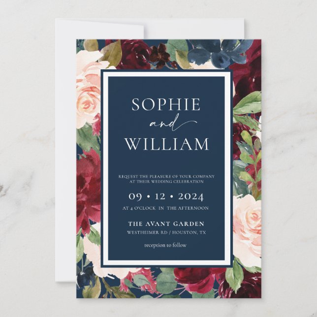 Floral Navy Burgundy Blush Wedding Invitation (Front)