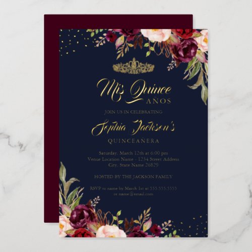 Floral Navy Burgundy Red Gold Quinceanera  Foil Invitation