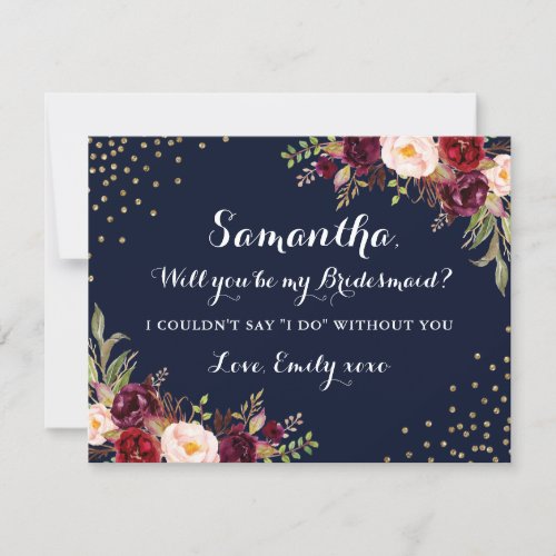 Floral Navy Burgundy Will You Be My Bridesmaid Invitation