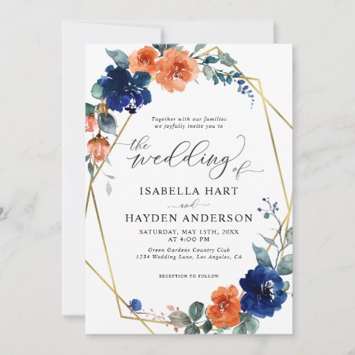 Floral Navy Burnt Orange Rust Gold Foil Wedding Invitation