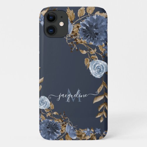 Floral Navy Dusty Blue Elegant Watercolor Name iPhone 11 Case