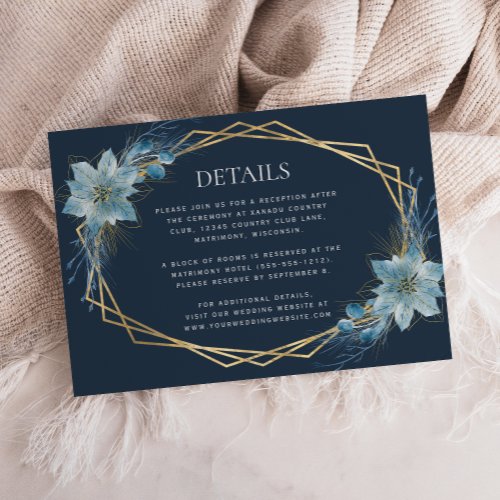 Floral Navy Dusty Blue Gold Winter Wedding Details Enclosure Card